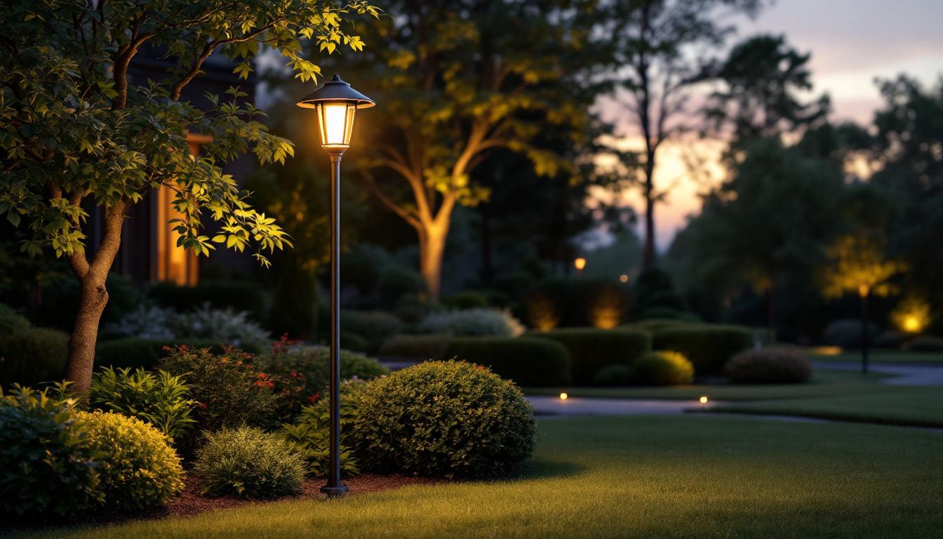 A photograph of a beautifully landscaped front yard featuring a stylish light pole