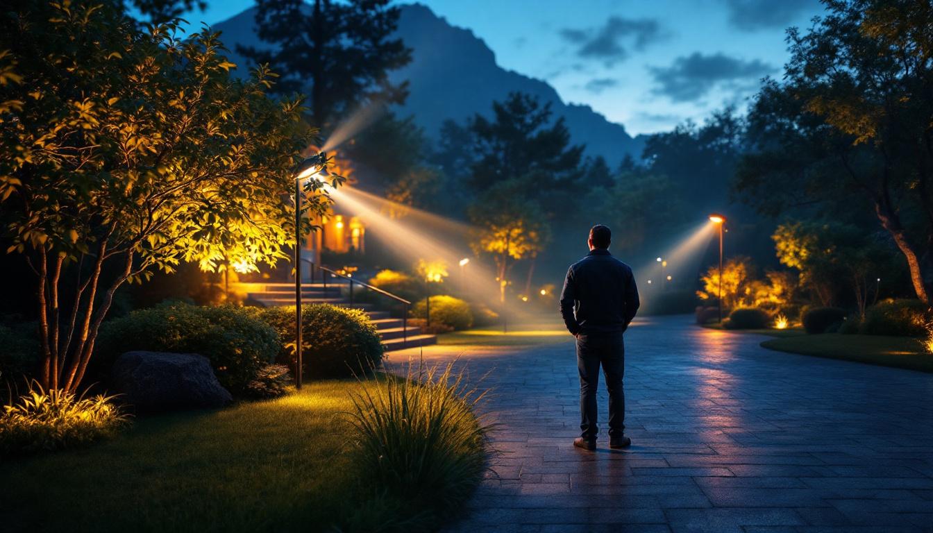 A photograph of a beautifully illuminated outdoor landscape featuring led flood lights in action