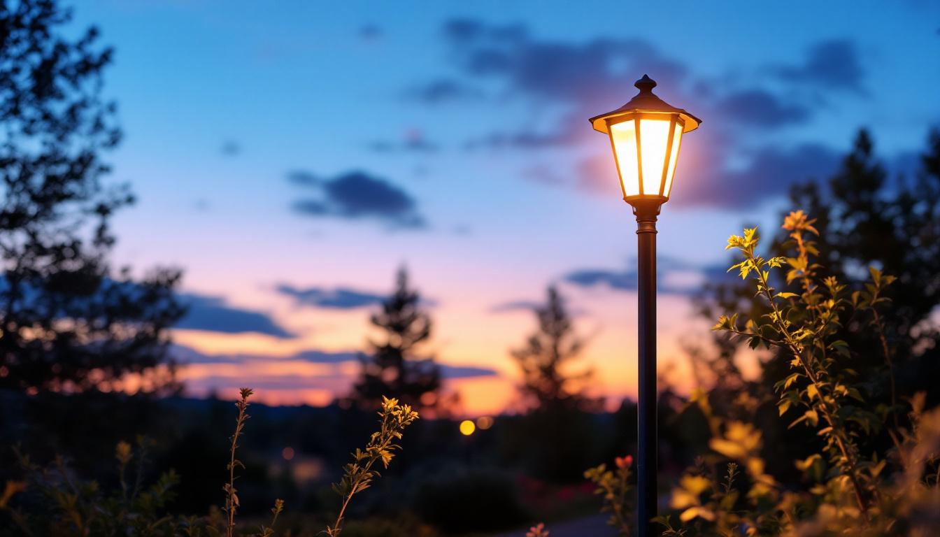 A photograph of a beautifully illuminated 12v light post in an outdoor setting during twilight