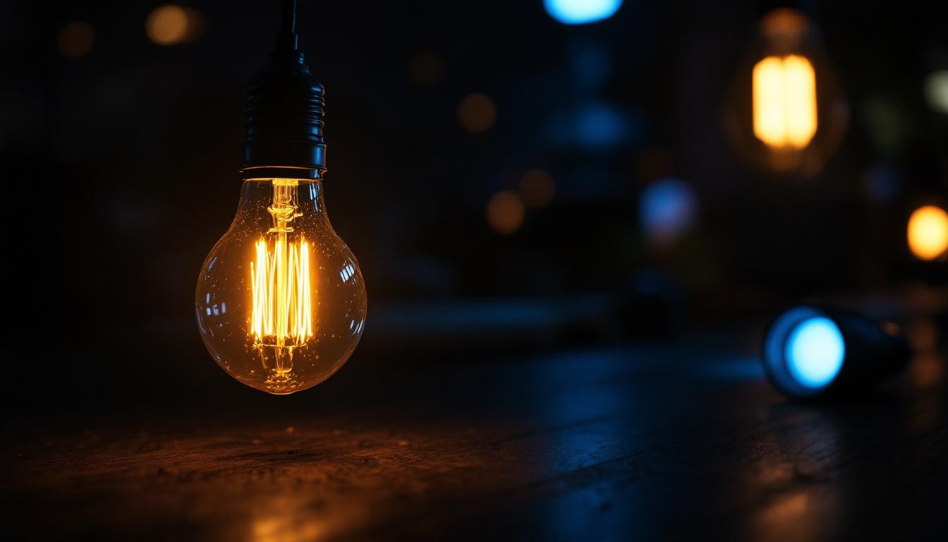 A photograph of a vintage light bulb glowing warmly in a dark setting