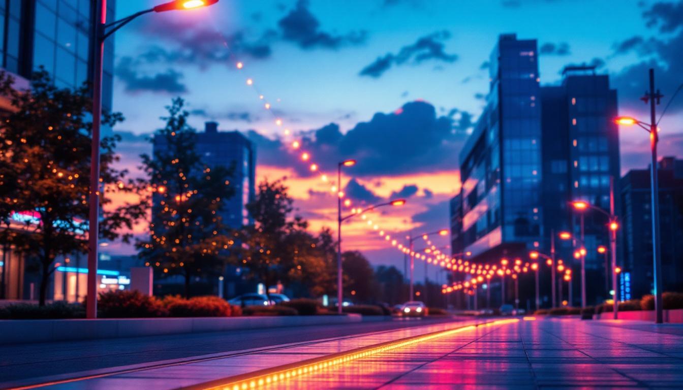 A photograph of a vibrant dusk-to-dawn led lighting installation illuminating a modern urban environment