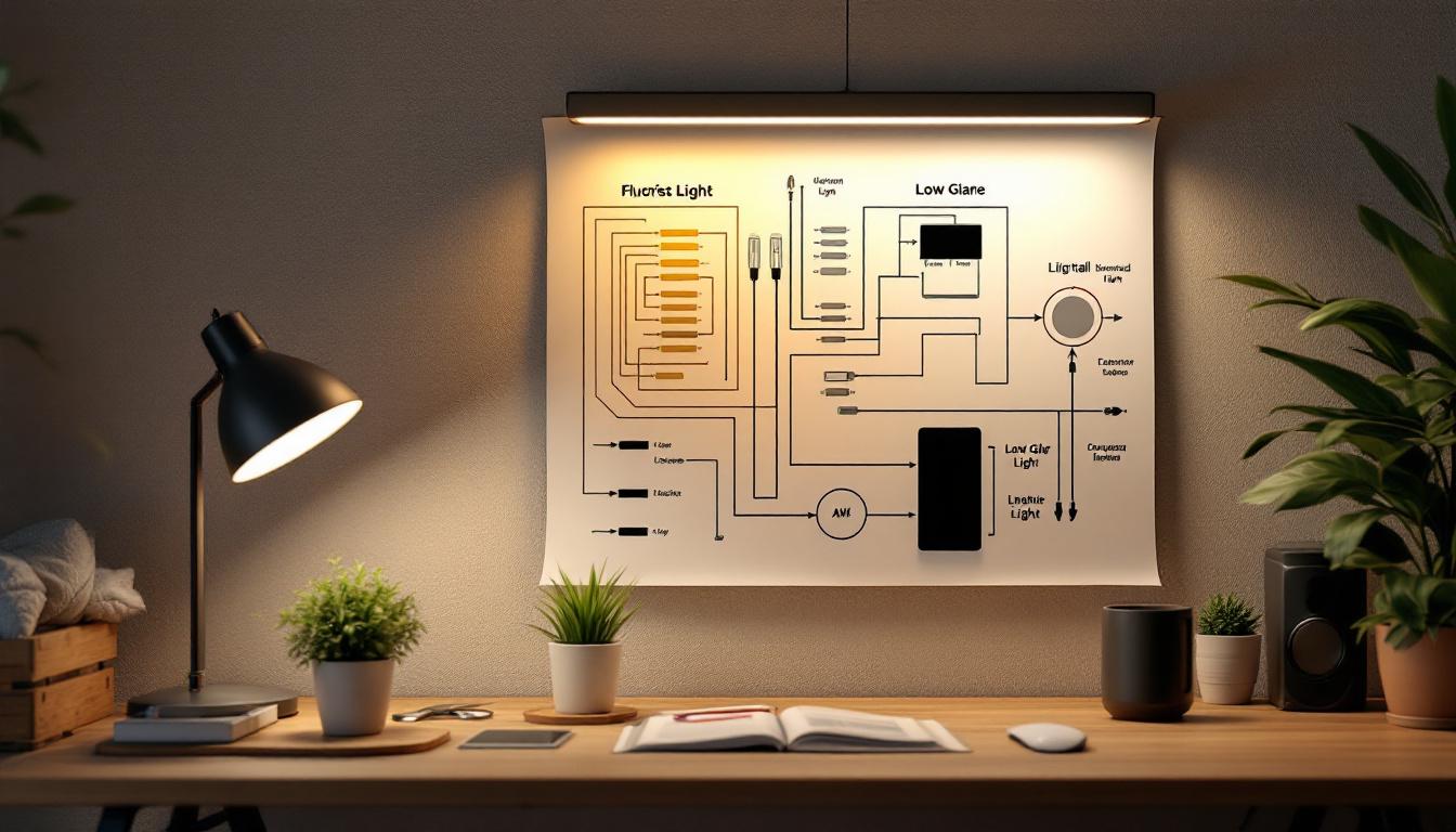 A photograph of a well-organized fluorescent light connection diagram alongside a workspace featuring low-glare lighting in use