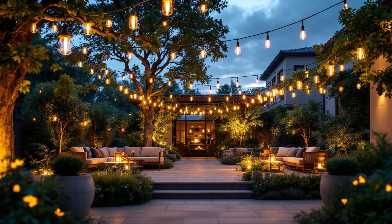A photograph of a beautifully illuminated outdoor space showcasing various types of exterior lighting fixtures