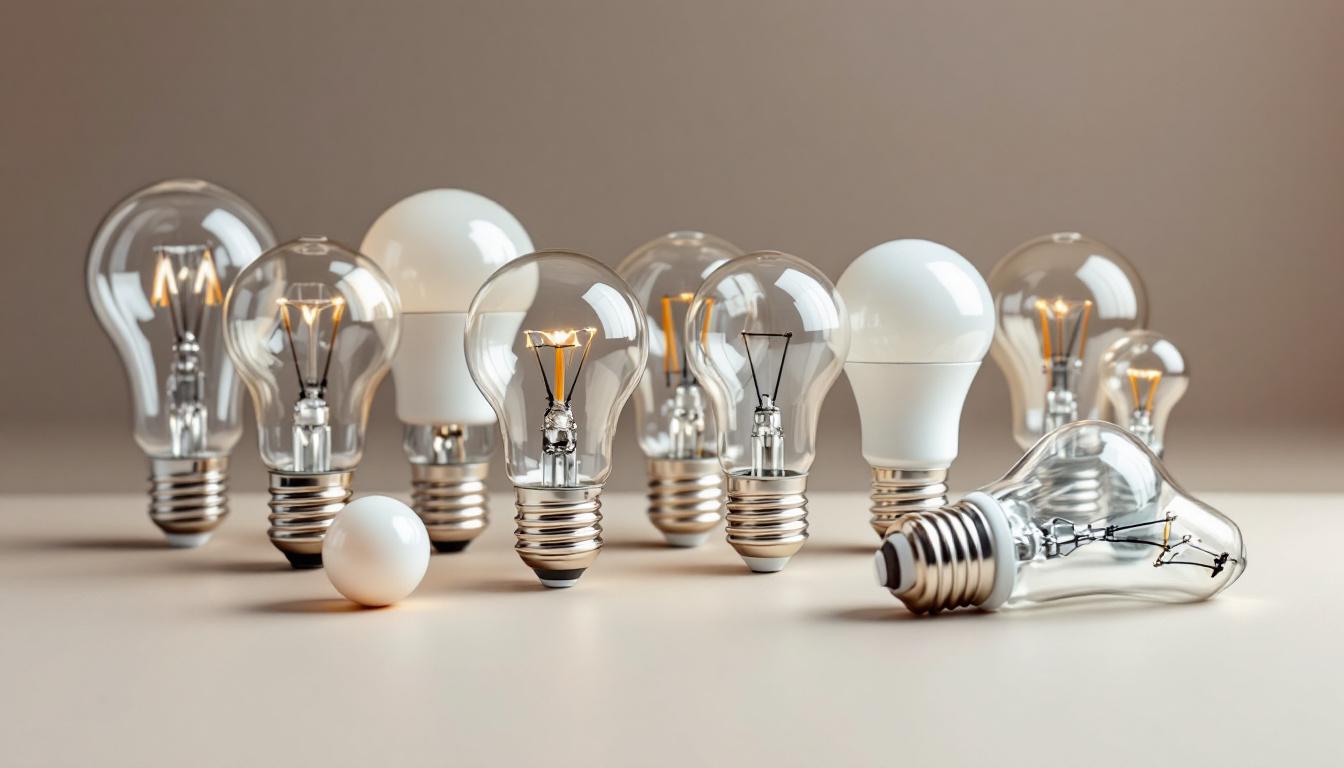 A photograph of a close-up of various standard lightbulb bases arranged artistically on a neutral background