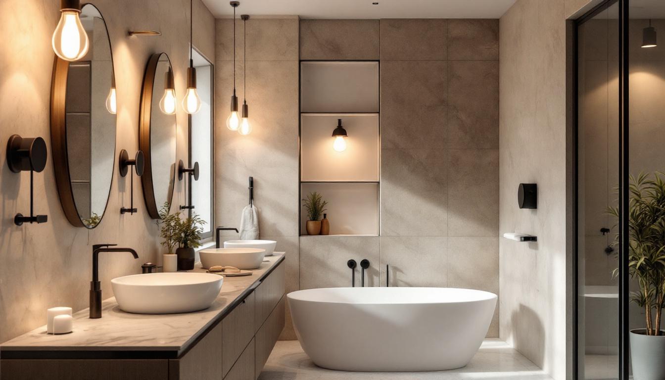 A photograph of a beautifully designed bathroom showcasing various lighting fixtures