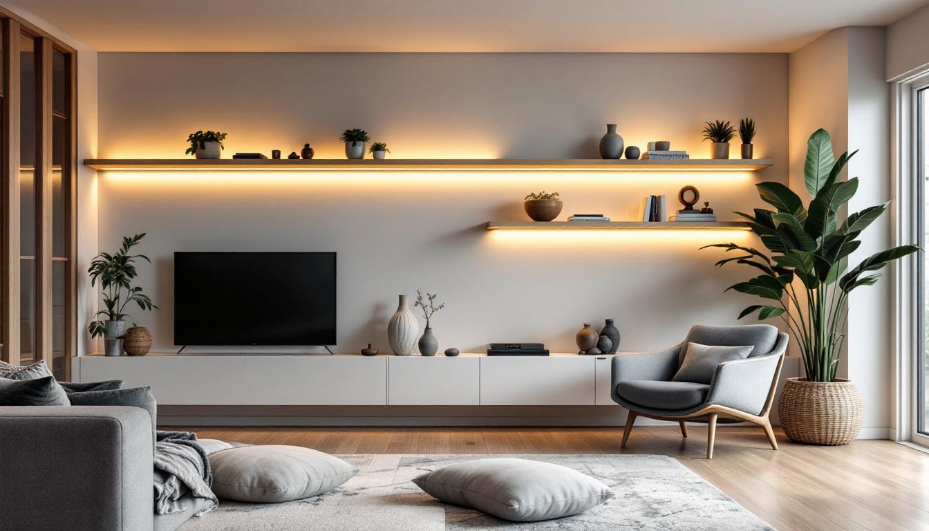 A photograph of a modern living space featuring recessed shelf lighting