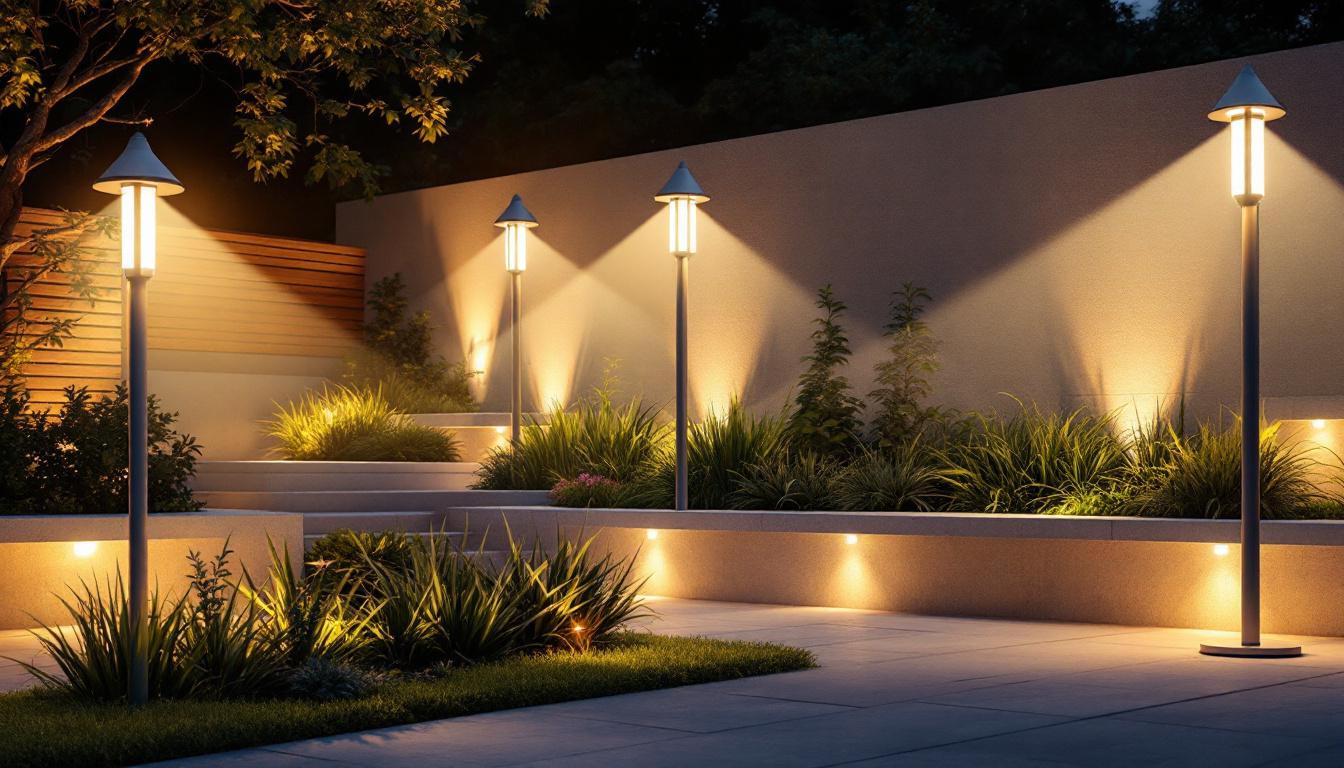 A photograph of a beautifully designed outdoor lighting setup that highlights various white lighting fixtures in a landscaped environment