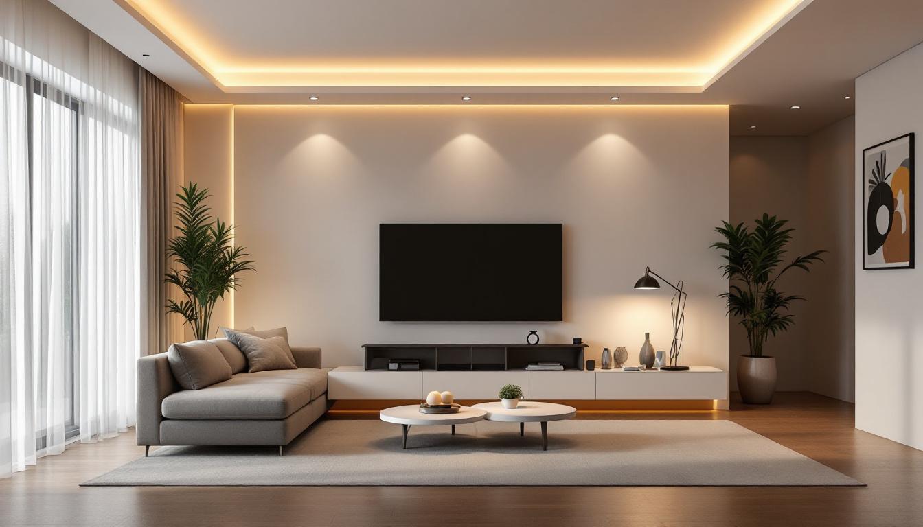 A photograph of a beautifully lit modern living space showcasing various led lighting designs and fixtures