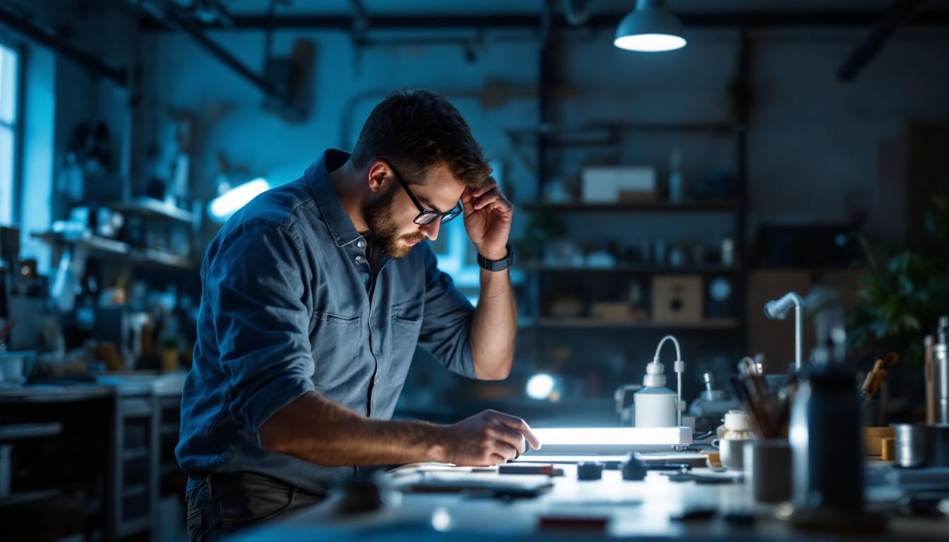A photograph of a well-lit workspace featuring an electrical engineer examining a fluorescent tube diffuser design