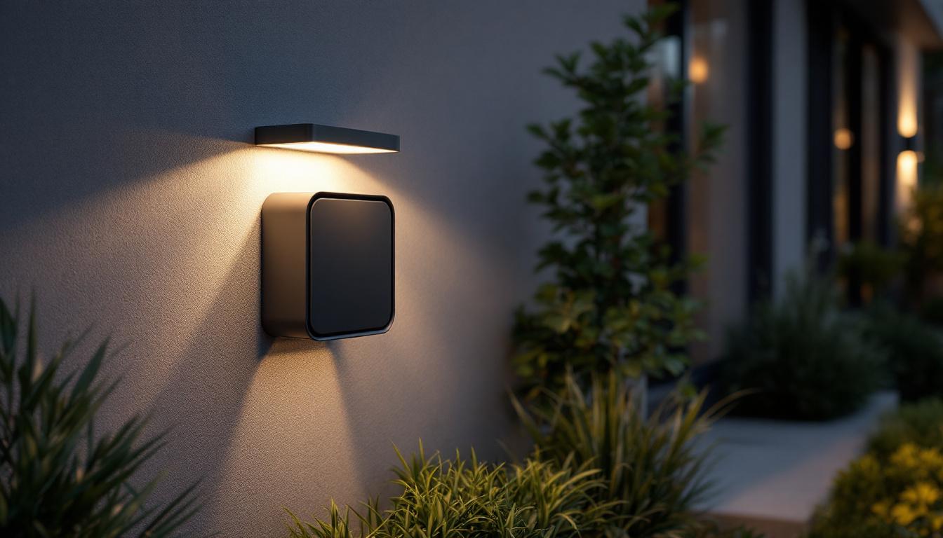 A photograph of a stylish weatherproof receptacle box installed in a contemporary outdoor setting