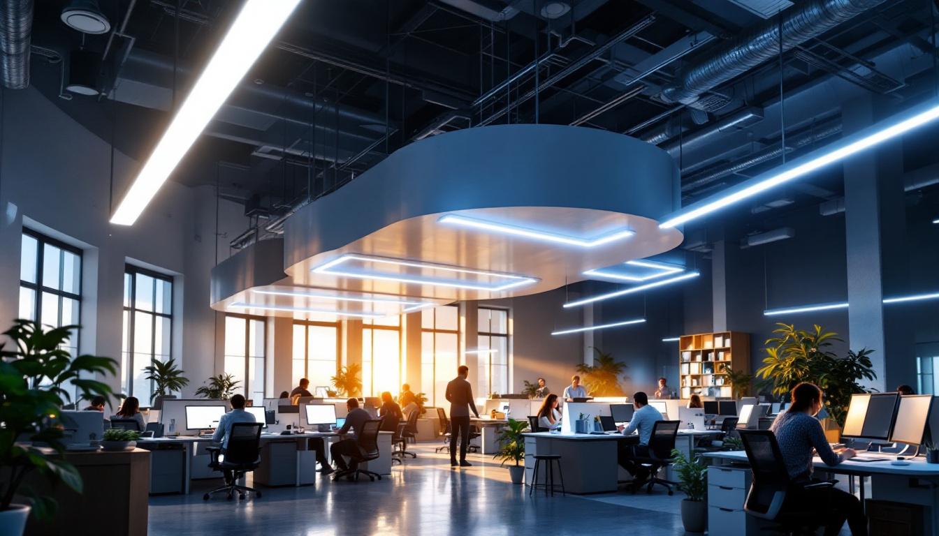 A photograph of a spacious office environment featuring large-scale fluorescent lighting installations