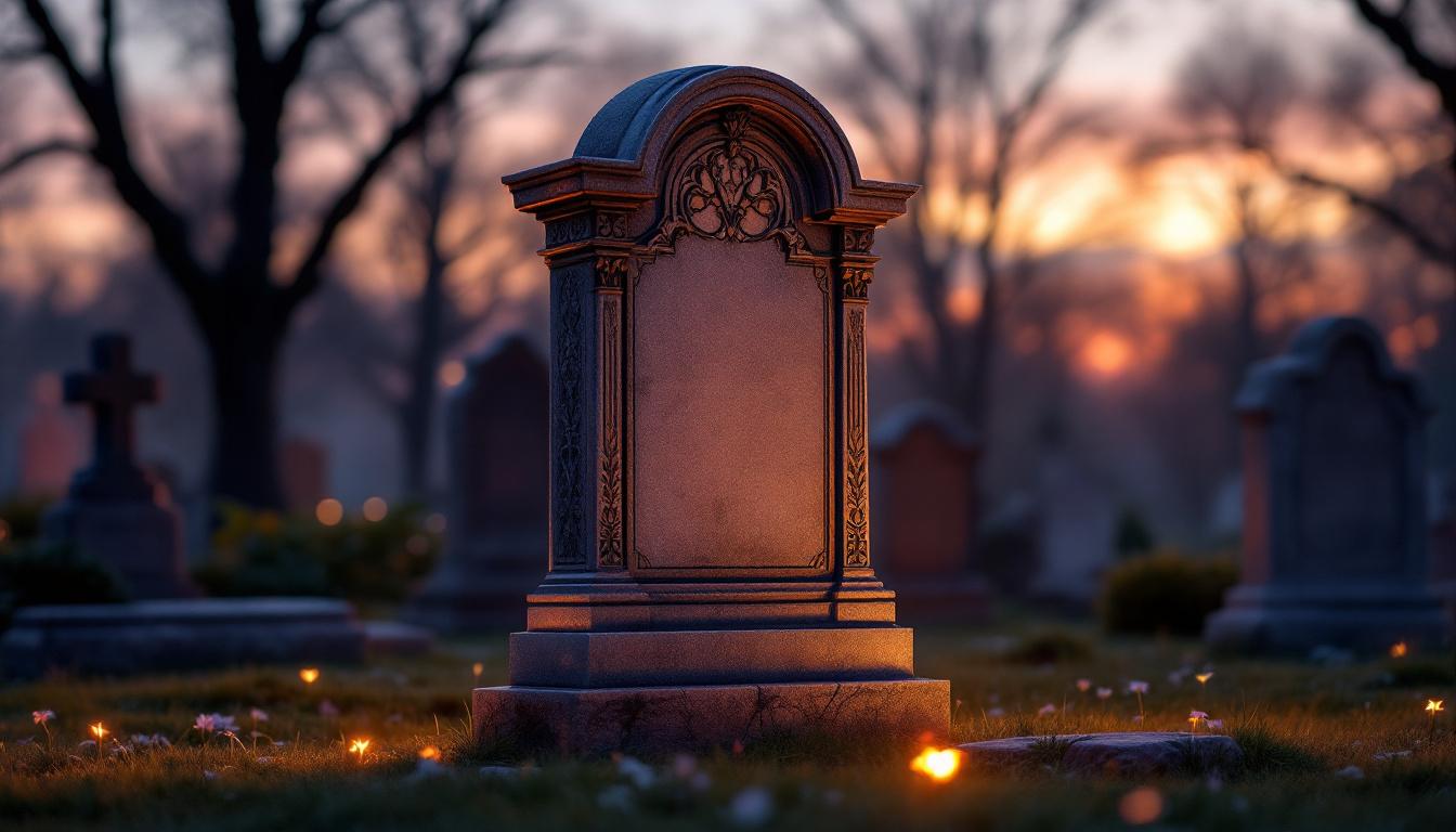 A photograph of a beautifully illuminated tombstone at dusk