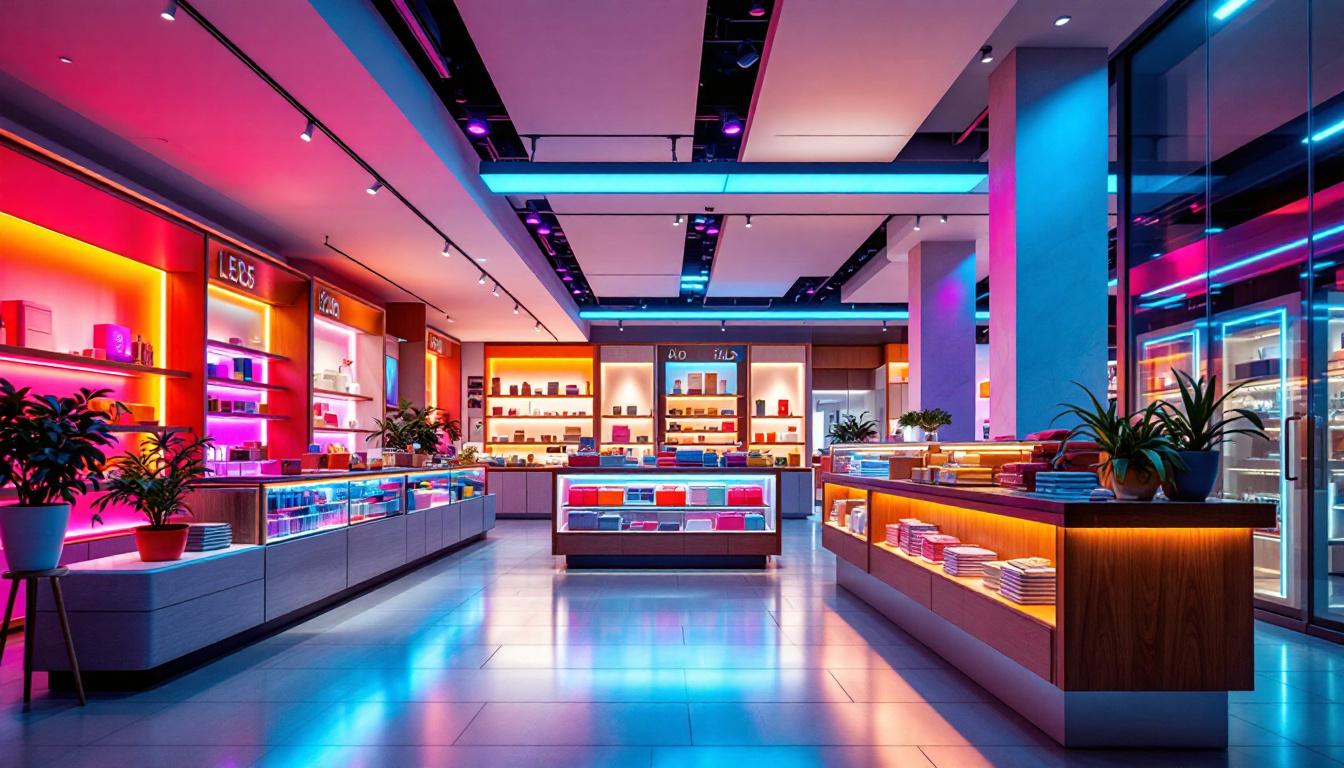 A photograph of a modern retail environment showcasing vibrant led lighting integrated into the store's design