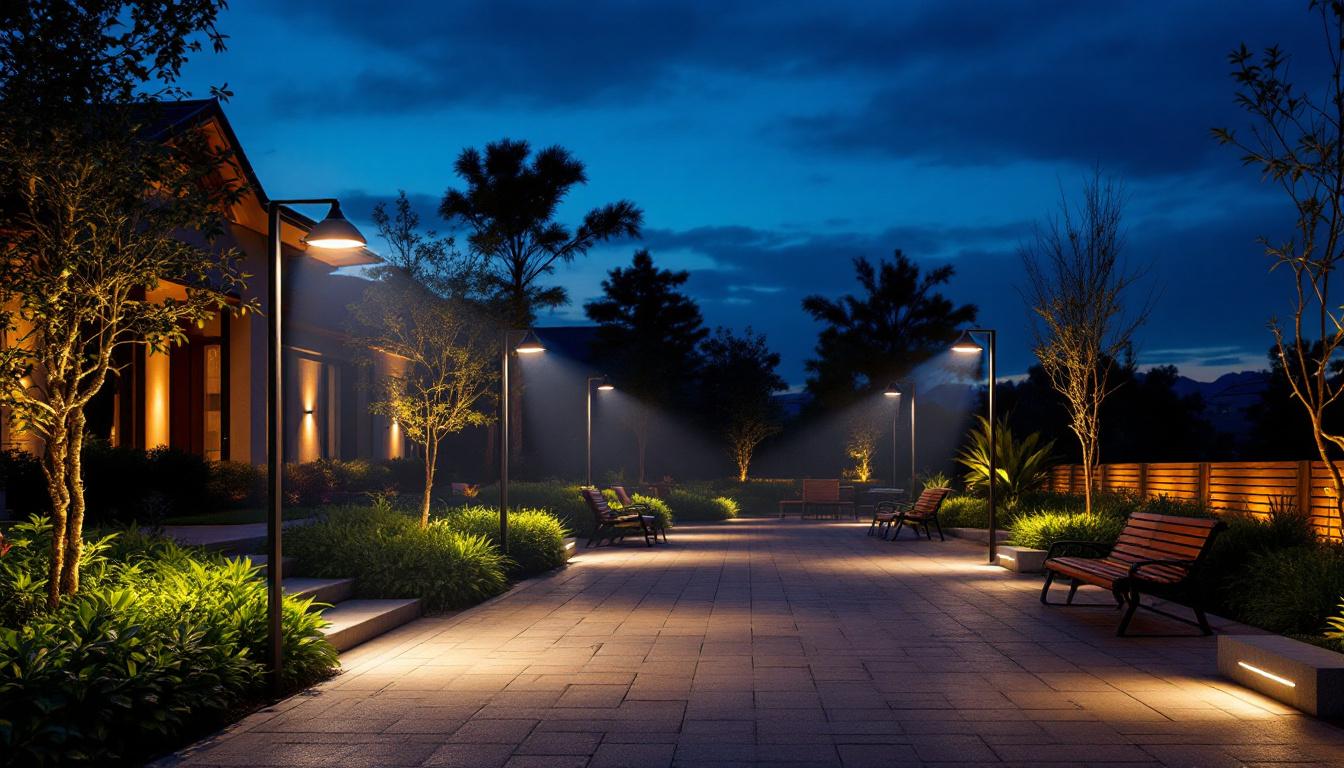 A photograph of a beautifully illuminated outdoor space featuring flood light led fixtures in action