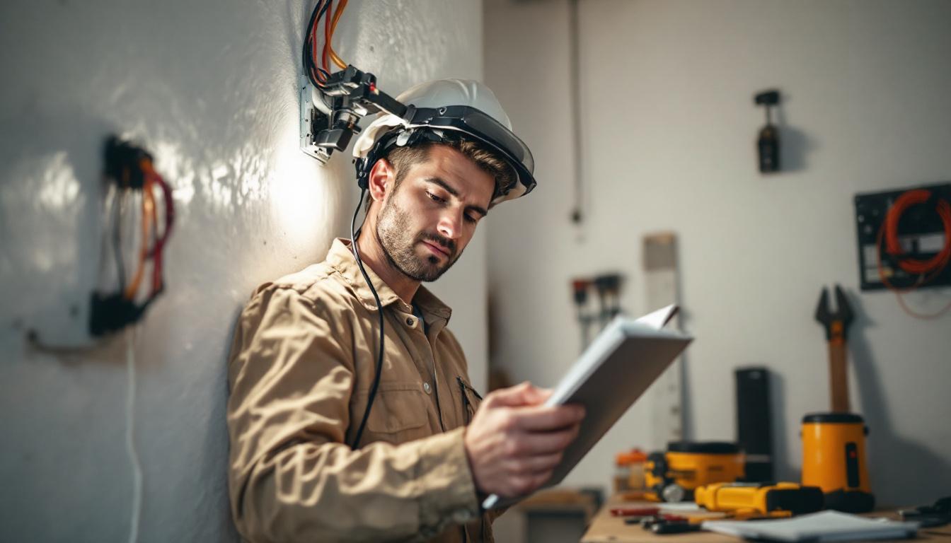 A photograph of a skilled electrical engineer working on the installation of an in-wall light fixture