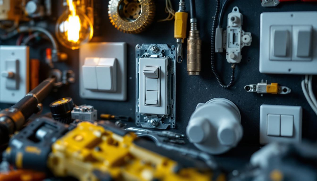 A photograph of a close-up shot of various types of electrical lighting switches