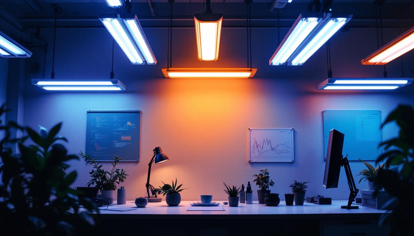 A photograph of a well-lit workspace featuring various fluorescent light fixtures