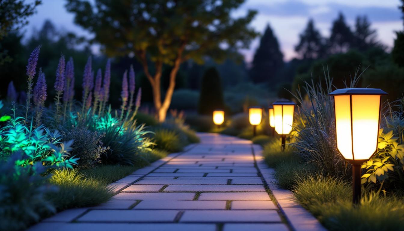 A photograph of a beautifully illuminated outdoor pathway lined with solar pathway lights