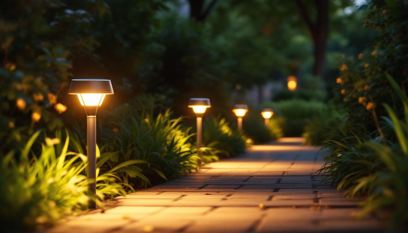 A photograph of capture a photograph of a serene outdoor setting illuminated by inground solar lights at dusk