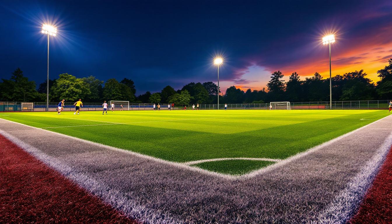 A photograph of a well-lit sports field at dusk