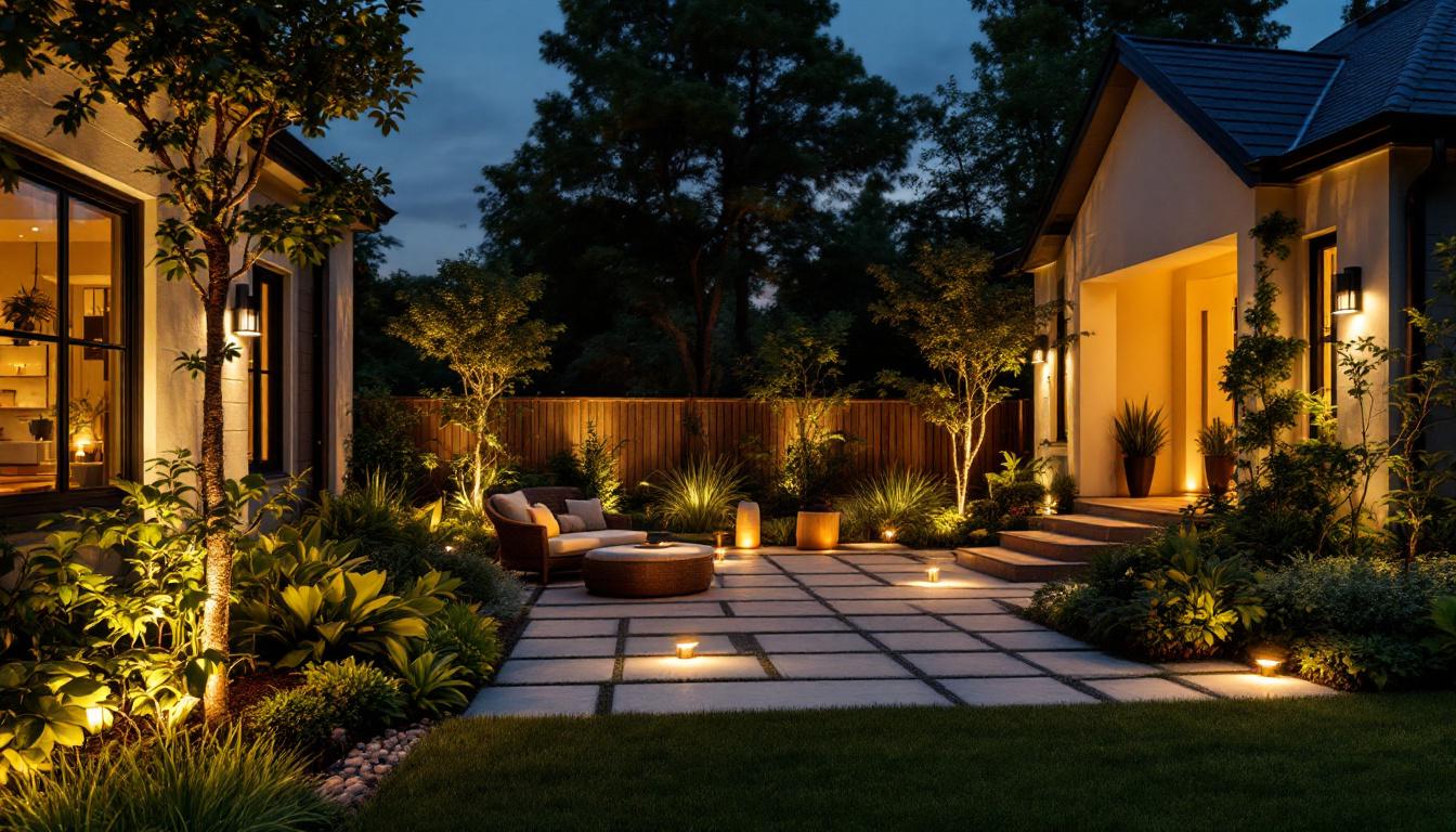 A photograph of a beautifully designed outdoor space illuminated by soft solar accent lighting