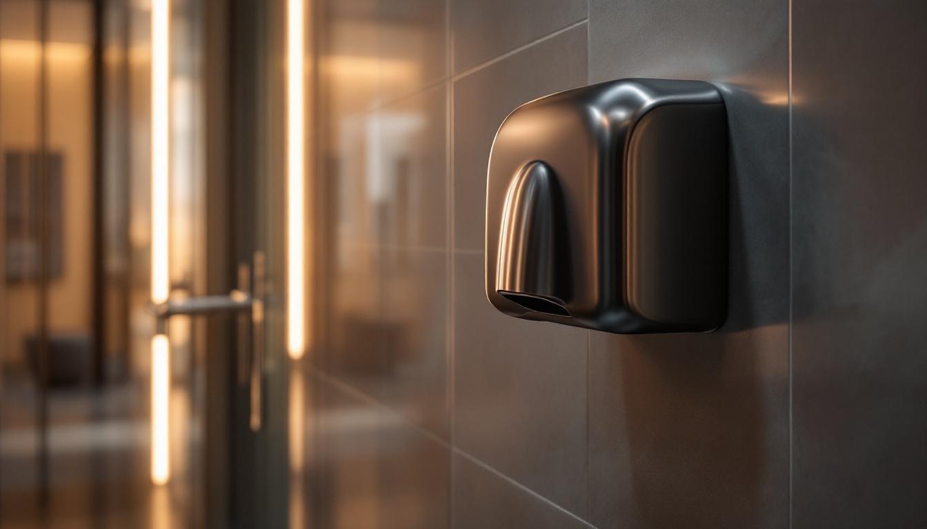 A photograph of a modern restroom setting featuring a sleek hand dryer