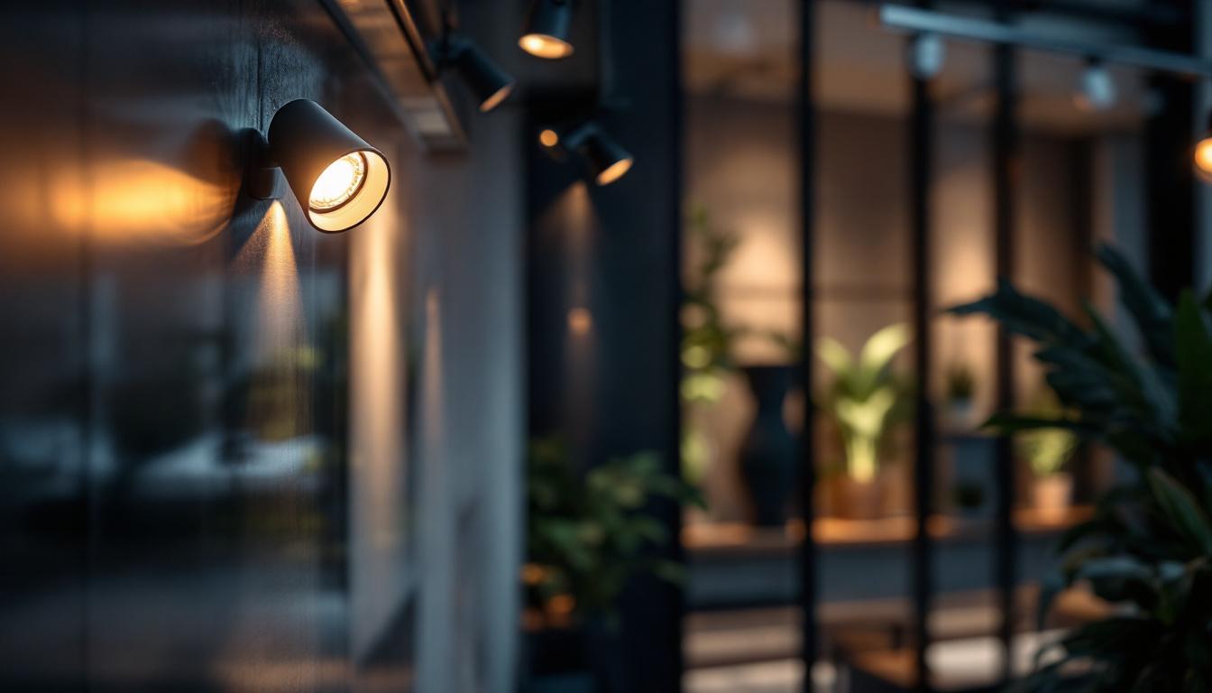 A photograph of capture a photograph of a stylish interior space featuring led track heads in use