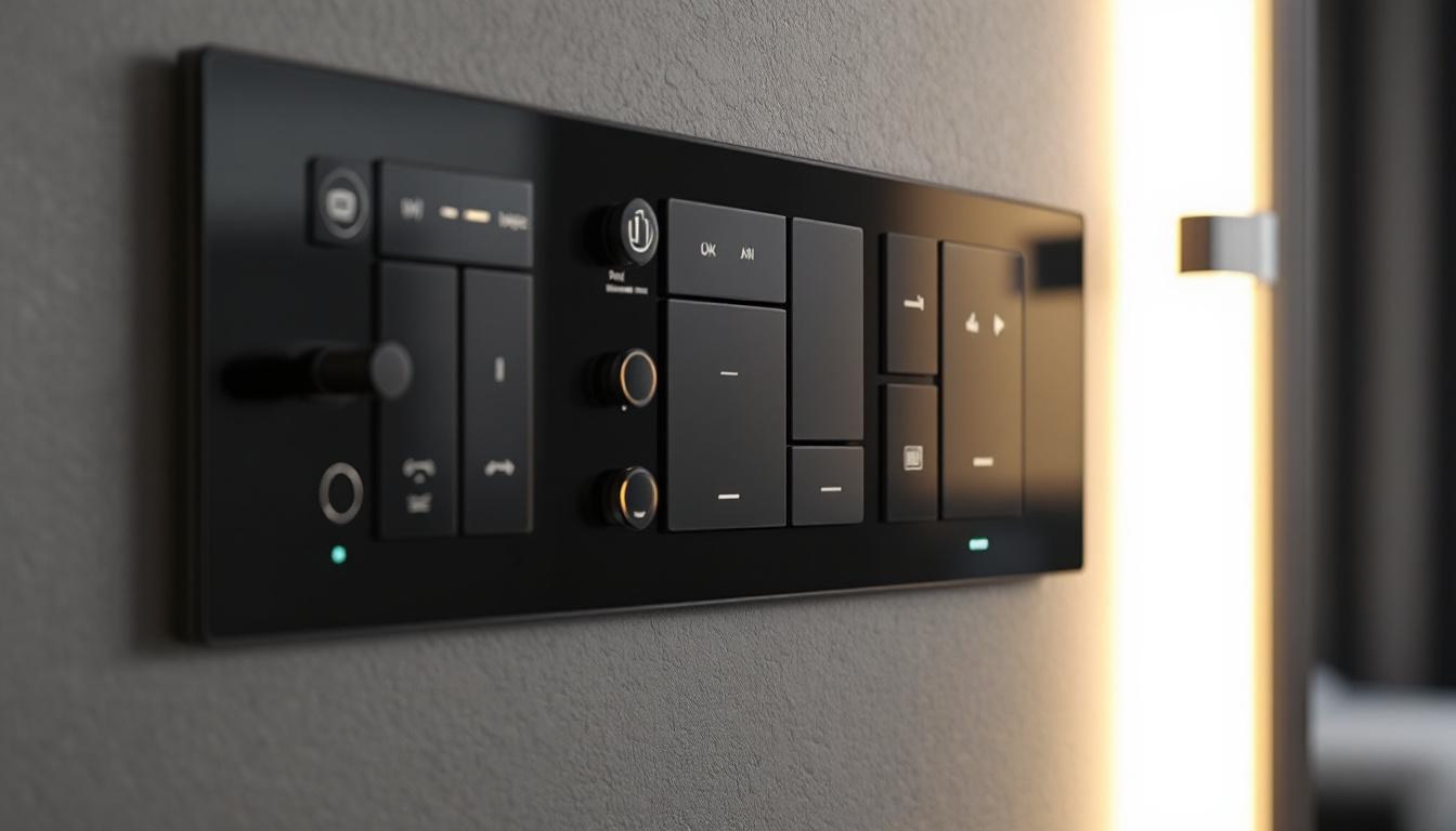 A photograph of a modern lighting control panel with various types of light switches