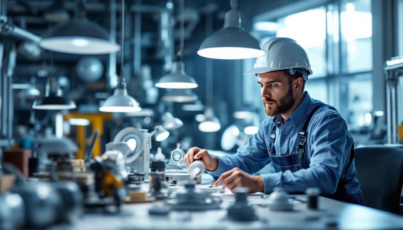 A photograph of a skilled electrical engineer examining a variety of commercial lighting fixtures in a well-lit workspace