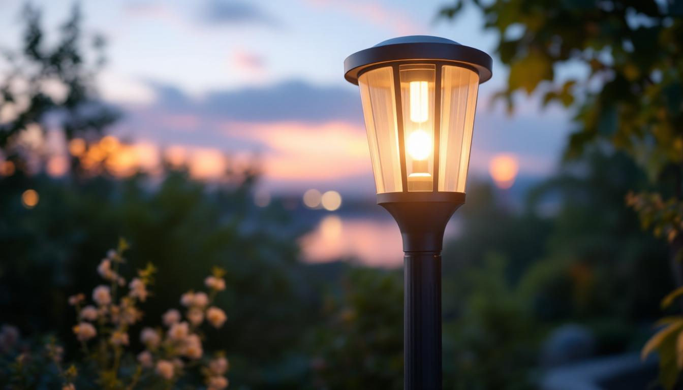 A photograph of a stylish outdoor electric lamp post illuminated at dusk