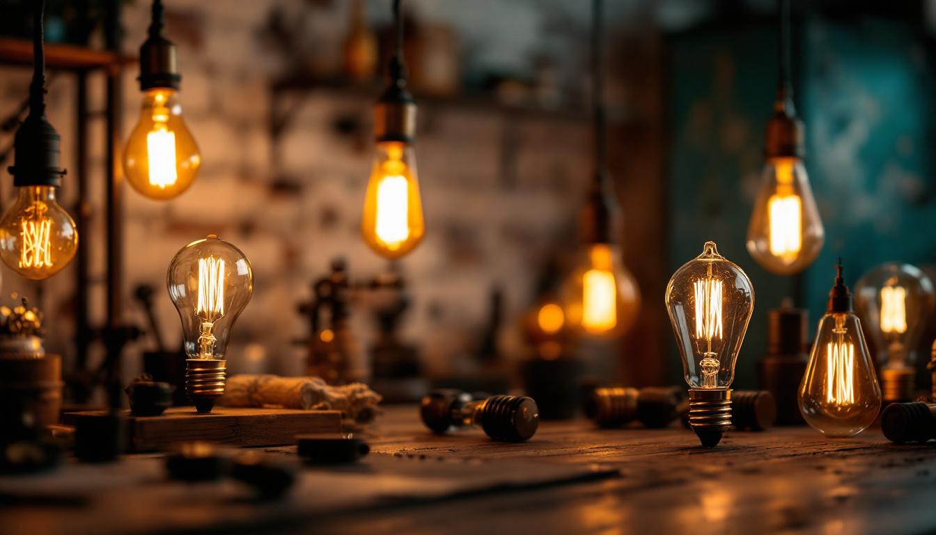A photograph of a stylishly arranged scene featuring a mix of vintage-style light bulbs in both industrial and commercial settings