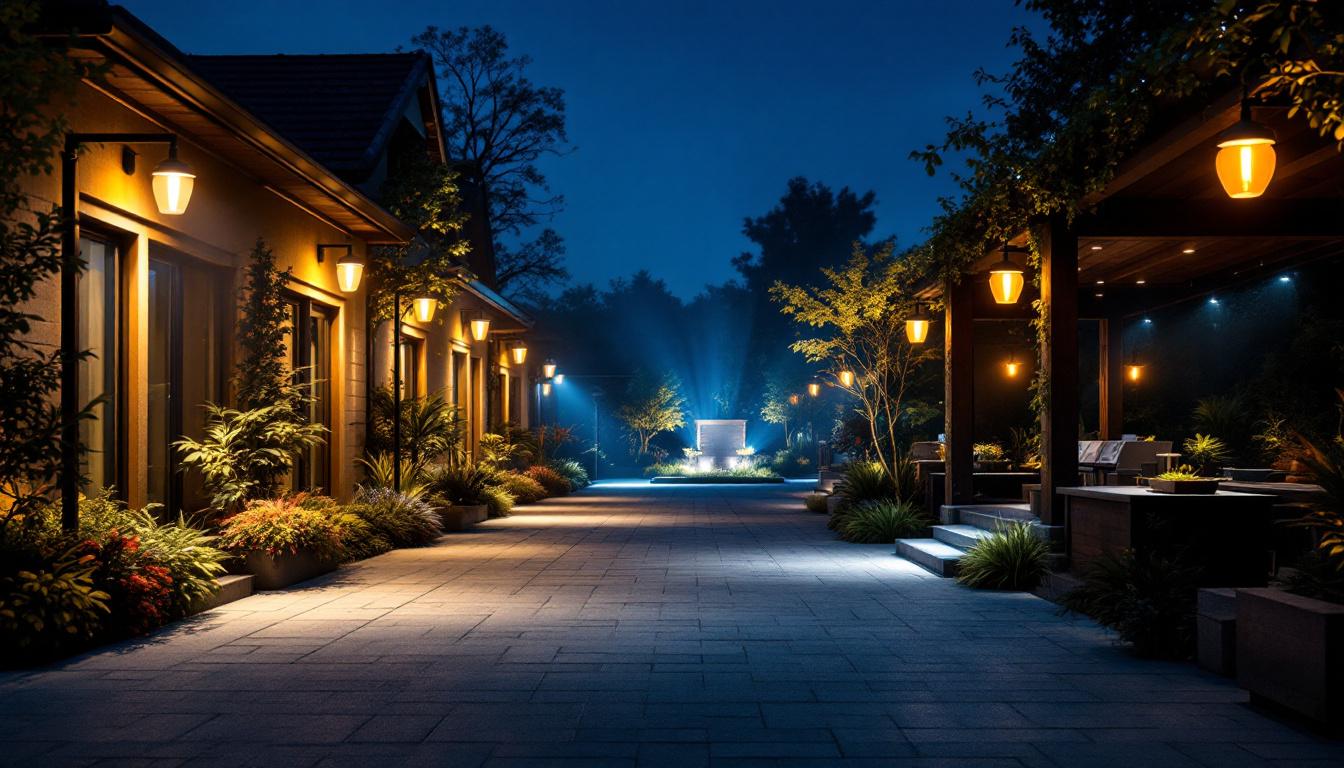A photograph of a beautifully illuminated outdoor space featuring various types of led flood lights in action