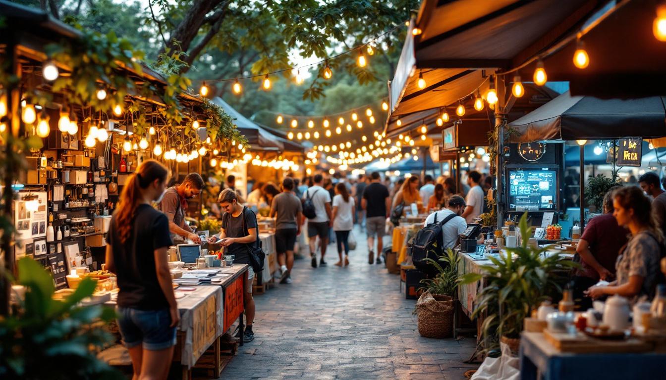 A photograph of a vibrant outdoor flea market scene