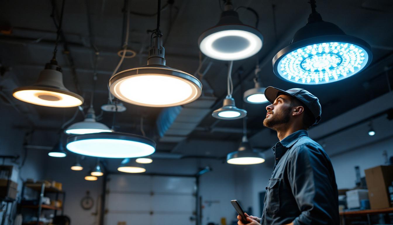 A photograph of a well-lit garage interior showcasing various types of ceiling lights in action