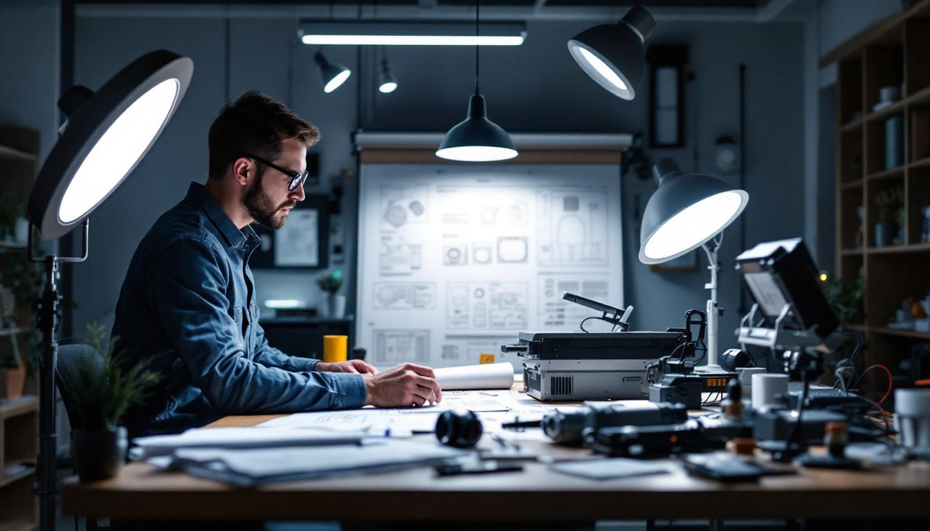 A photograph of a well-lit workspace featuring an engineer reviewing lighting designs and specifications