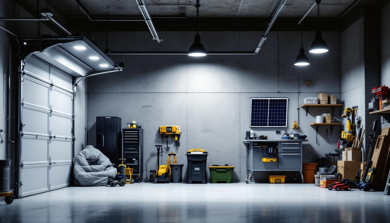 A photograph of a well-lit garage showcasing solar-powered lighting fixtures in use