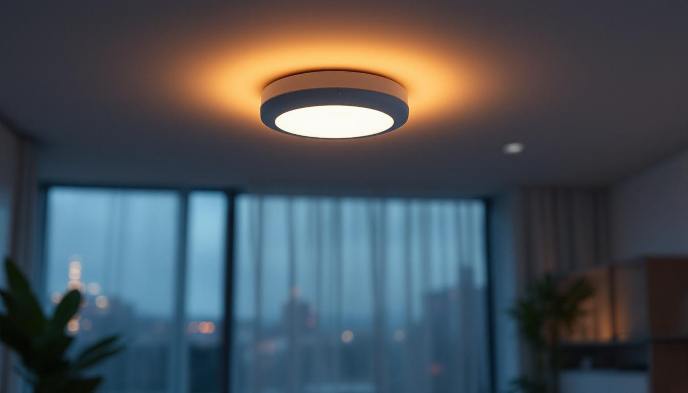 A photograph of a modern motion sensor ceiling light installed in a stylish interior setting