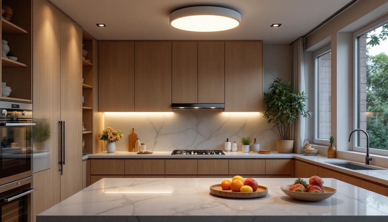 A photograph of a beautifully designed kitchen featuring a stylish flush mount ceiling light