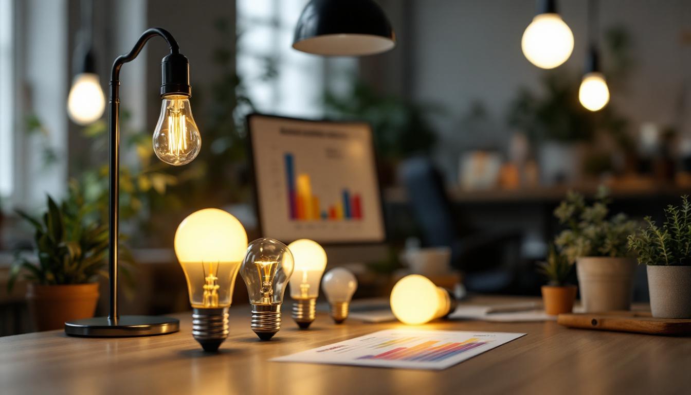 A photograph of a well-lit workspace showcasing a variety of light bulbs with different brightness levels