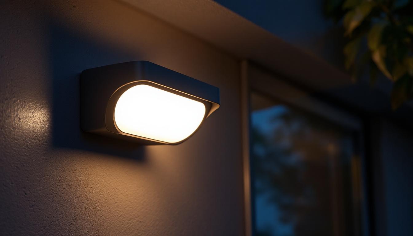 A photograph of a well-lit exterior security light mounted on a home