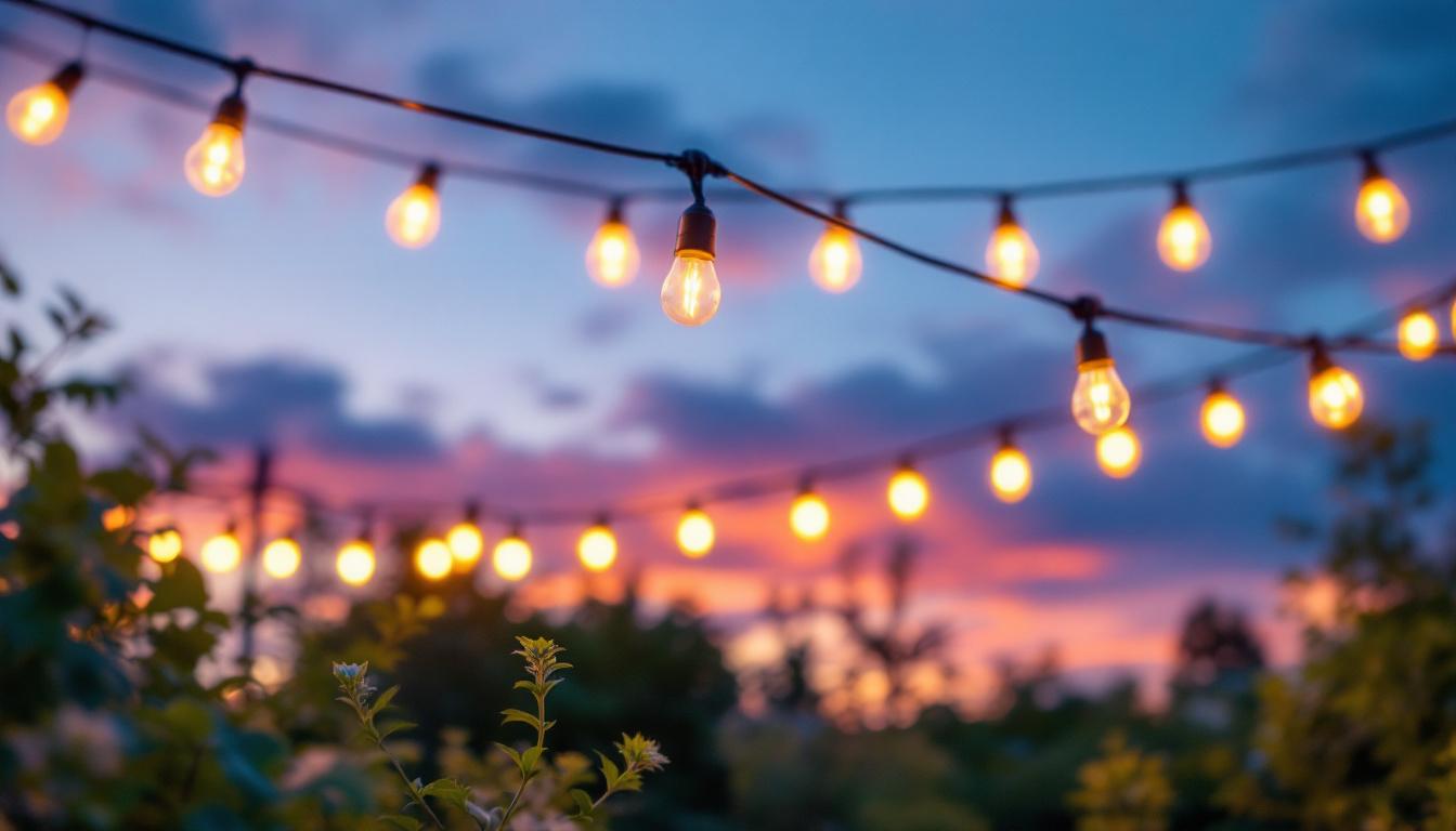A photograph of a beautifully designed outdoor lighting setup at dusk