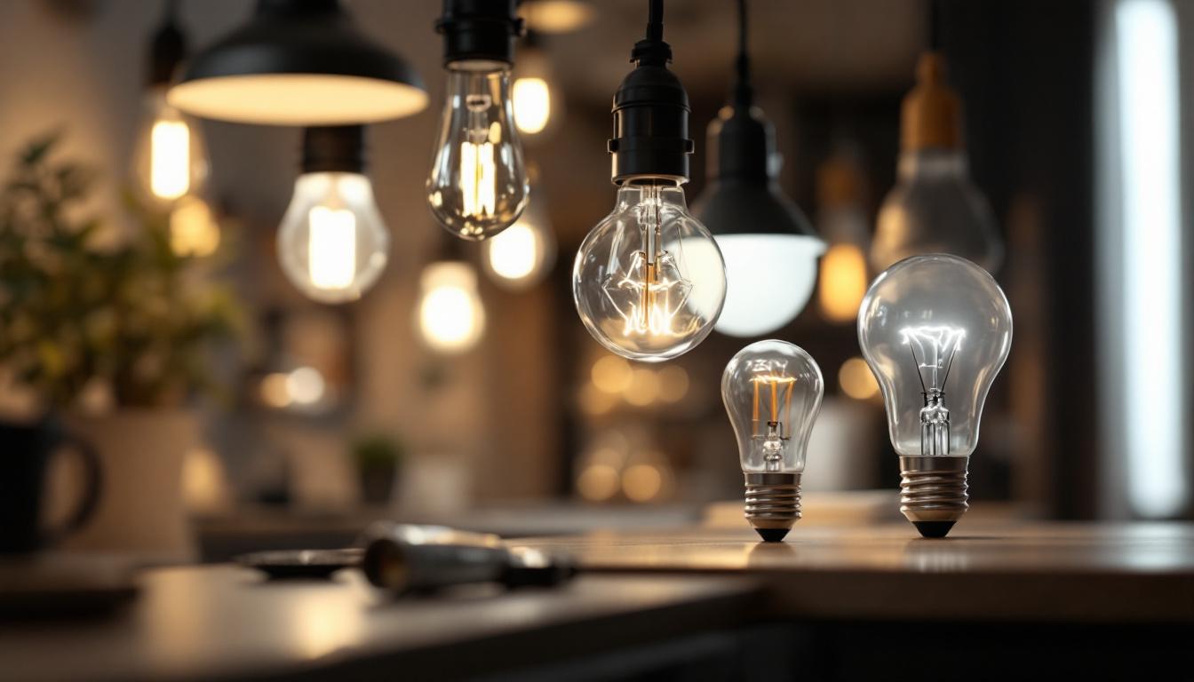 A photograph of a modern lighting setup that showcases various types of light fixtures