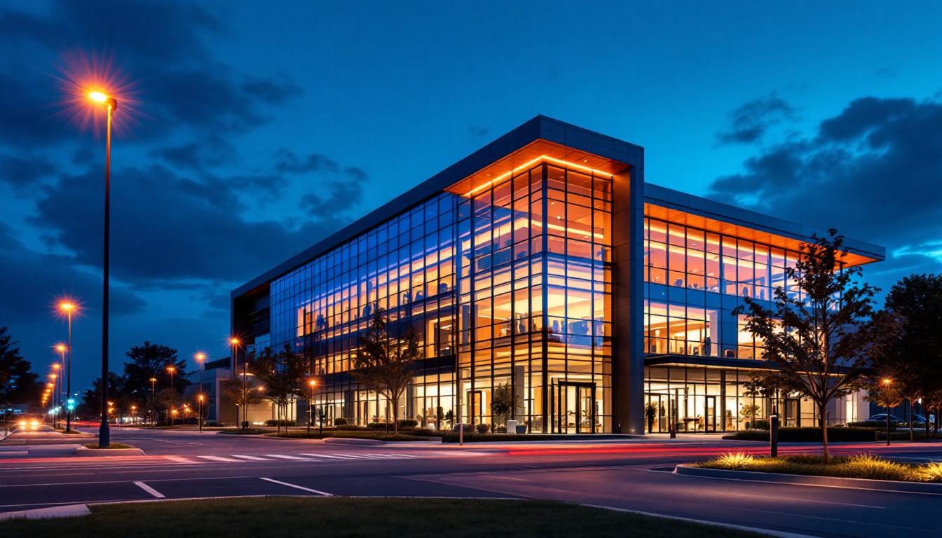 A photograph of a modern commercial building illuminated by innovative exterior lighting designs