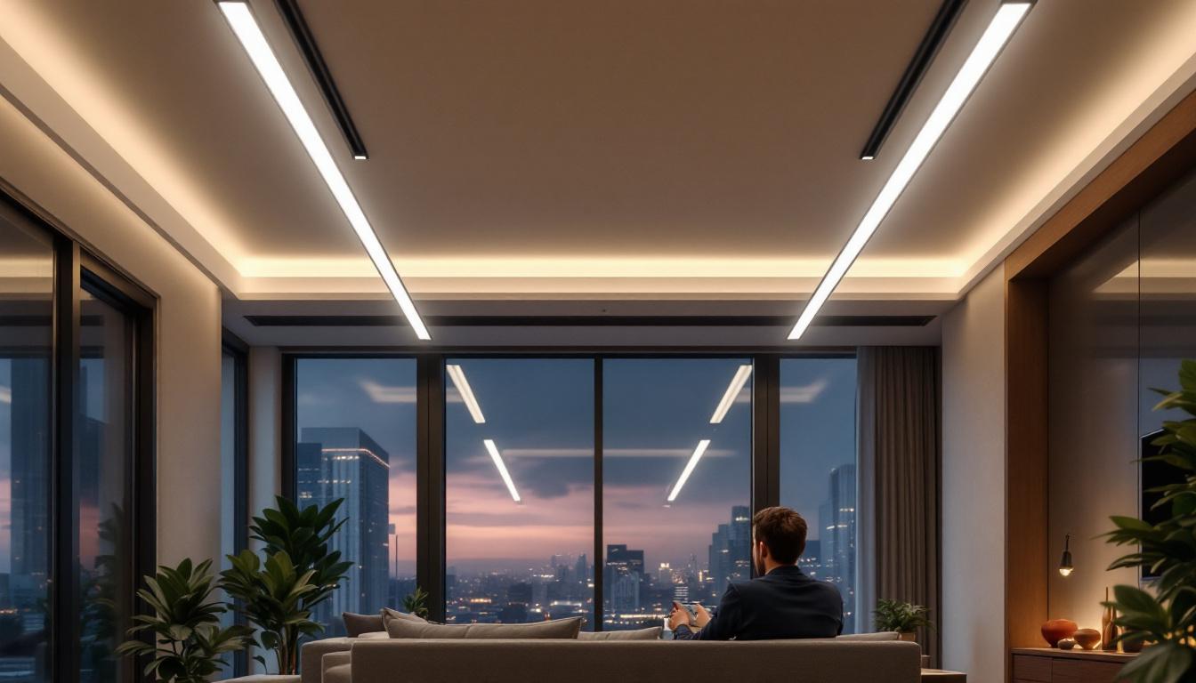 A photograph of a modern interior space featuring sleek linear ceiling lighting fixtures