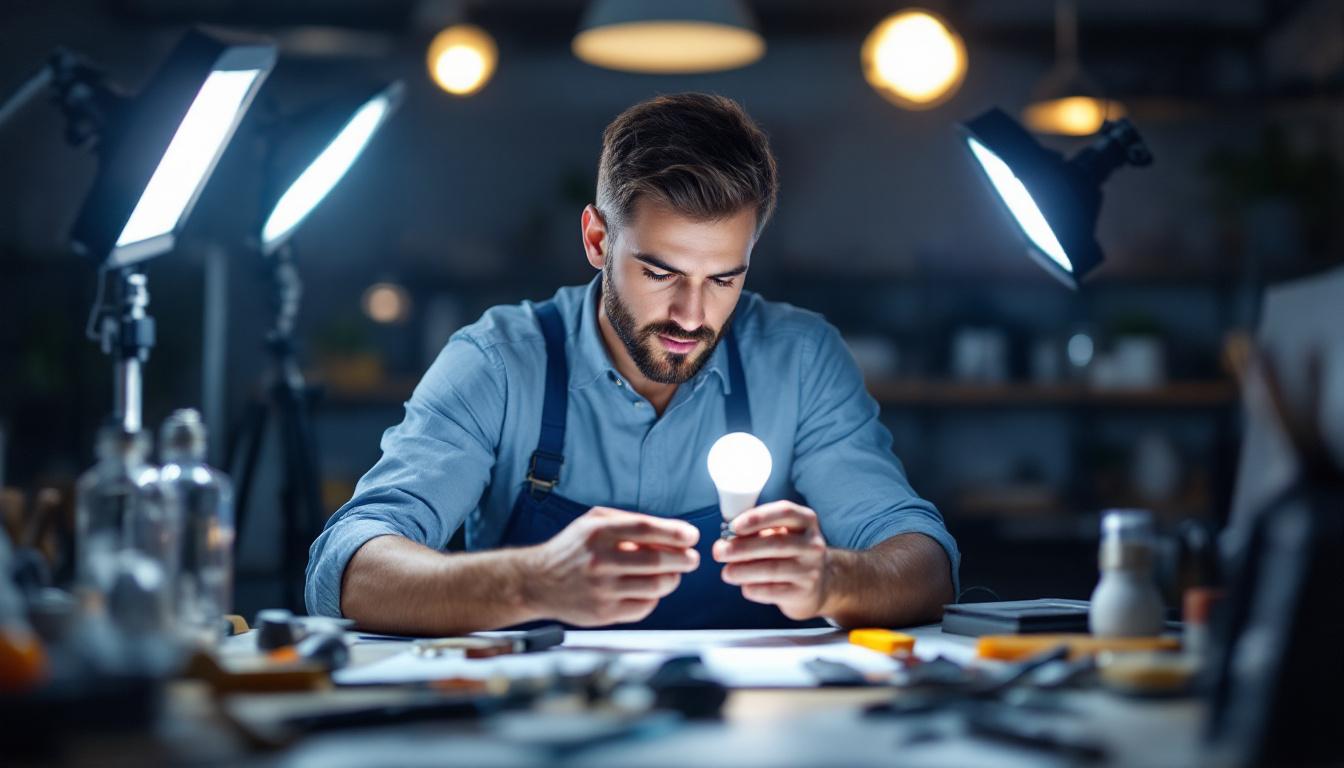 A photograph of a lighting engineer examining a 14w led bulb in a well-lit workspace