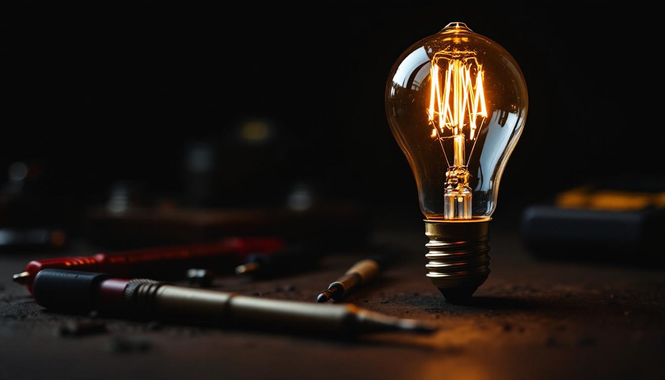 A photograph of a close-up of a light bulb with a visible filament