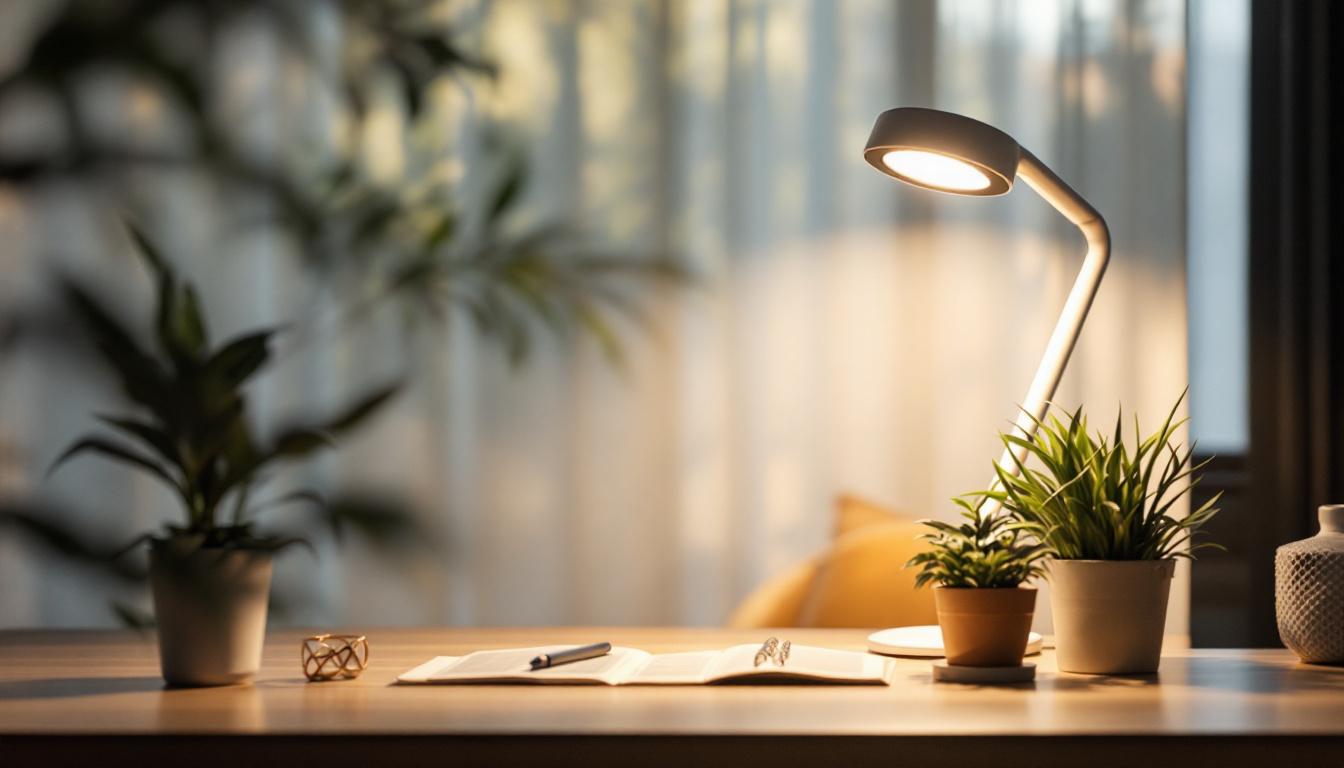 A photograph of a stylish indoor setting featuring a modern solar lamp illuminating a workspace or living area