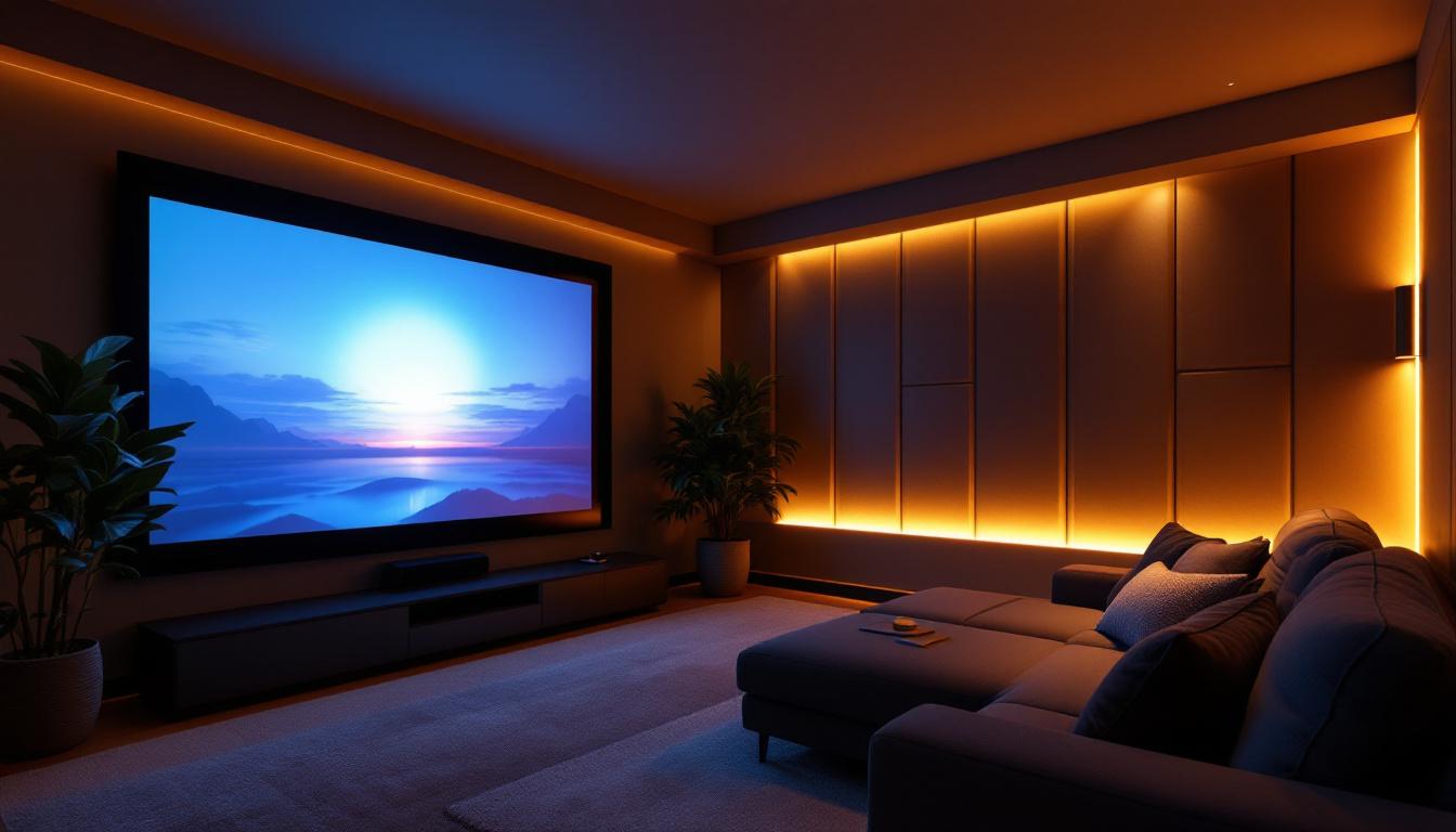 A photograph of a beautifully designed home theatre room during an evening screening