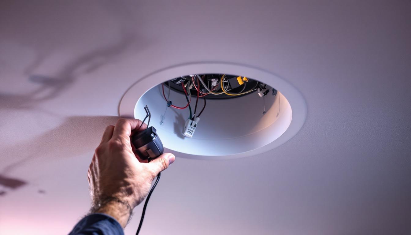 A photograph of a close-up of a 4-inch recessed housing installation in a ceiling