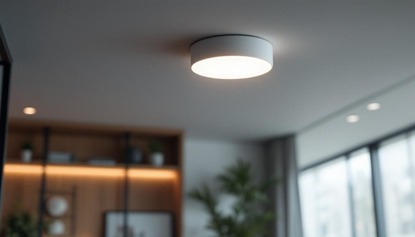 A photograph of a ceiling-mounted motion sensor in a modern interior setting